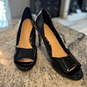 Kelly & Katie Glossy Black Peep-Toe Heels